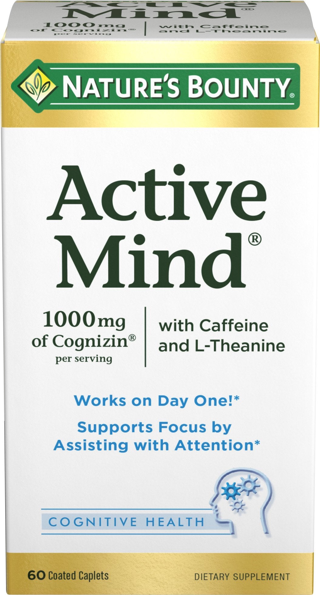 Nature's Bounty Active Mind bottle cap shown, signaling easy daily use for focus