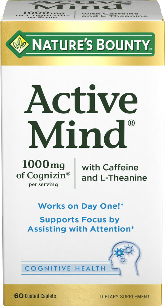 Nature's Bounty Active Mind bottle cap shown, signaling easy daily use for focus