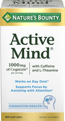 Nature's Bounty Active Mind bottle cap shown, signaling easy daily use for focus