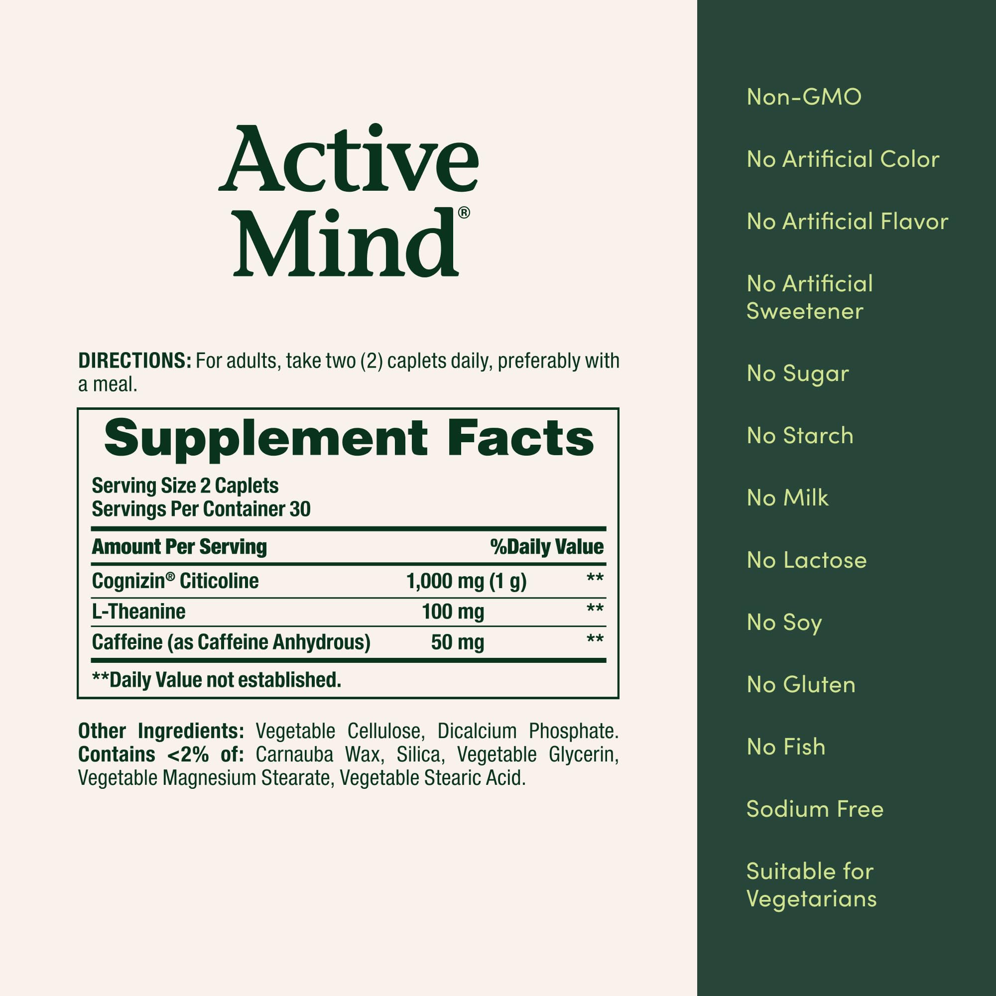 Nature's Bounty Active Mind ingredients pill closeup communicates 1000 mg Cognizin plus L-Theanine