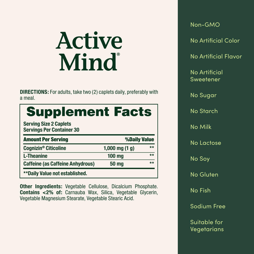 Nature's Bounty Active Mind ingredients pill closeup communicates 1000 mg Cognizin plus L-Theanine