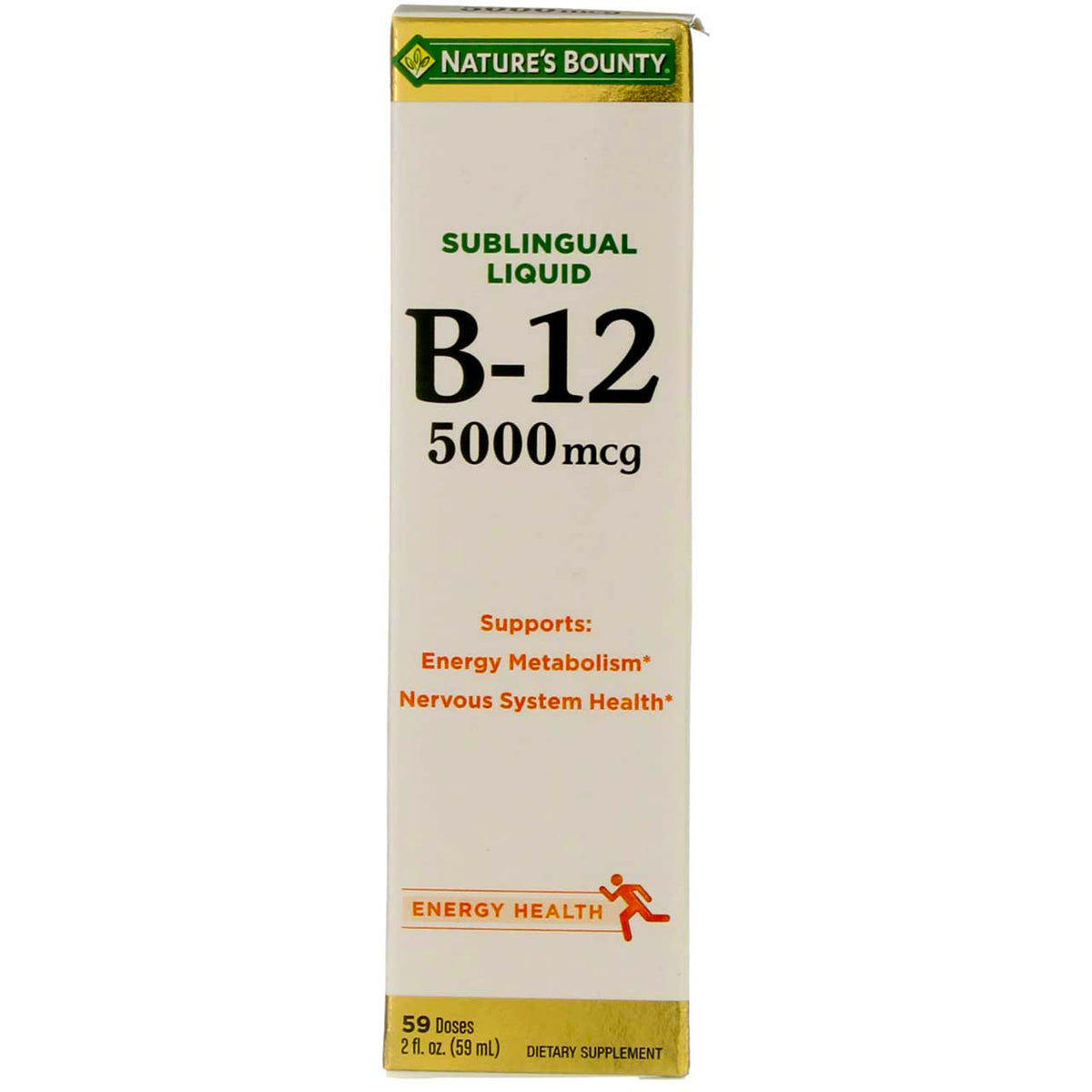 Nature's Bounty B-12 bottle closeup showing the product label for energy support