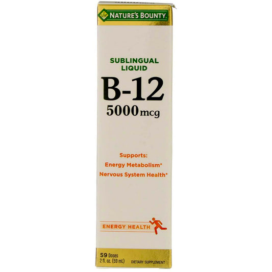 Nature's Bounty B-12 bottle closeup showing the product label for energy support