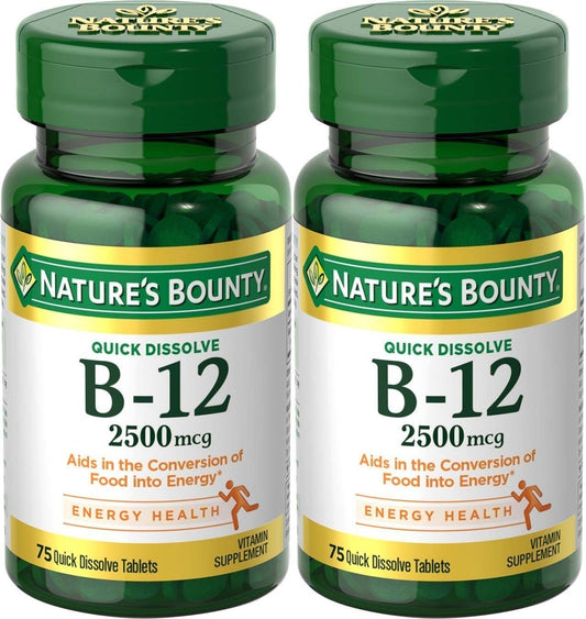 Nature's Bounty B-12 quick-dissolve cherry tablets for on-the-go use.