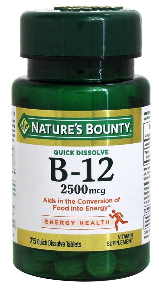 Nature's Bounty B12 Sublingual bottle front with quick-dissolve tablets and cherry flavor.