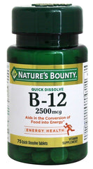 Nature's Bounty B12 Sublingual bottle front with quick-dissolve tablets and cherry flavor.