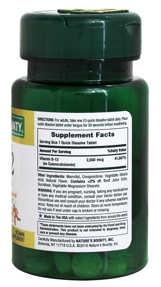 Nature's Bounty B12 Sublingual tablets close-up showing cherry flavor and easy under tongue use.