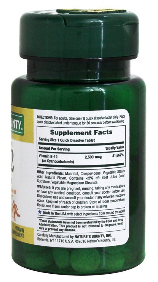 Nature's Bounty B12 Sublingual tablets close-up showing cherry flavor and easy under tongue use.