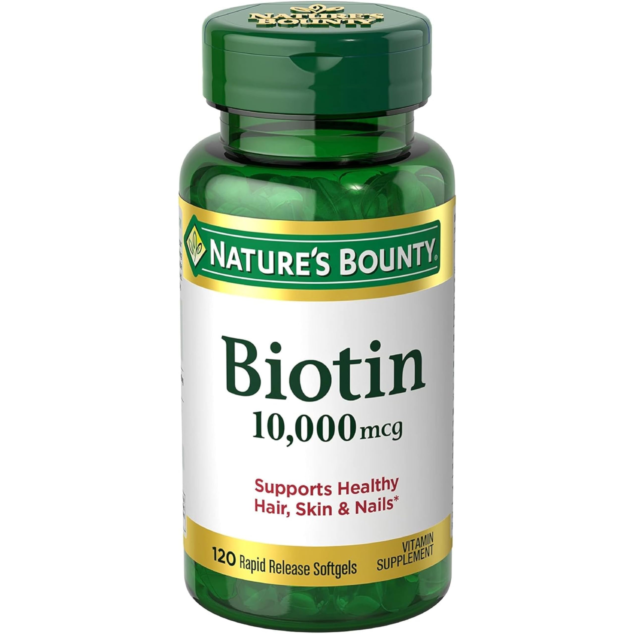 Nature's Bounty Biotin 10,000 mcg softgels bottle ready for daily beauty support.