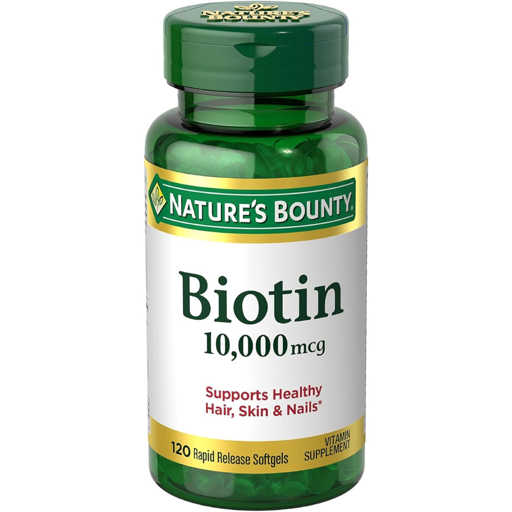 Nature's Bounty Biotin 10,000 mcg softgels bottle ready for daily beauty support.