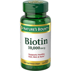 Nature's Bounty Biotin 10,000 mcg softgels bottle ready for daily beauty support.