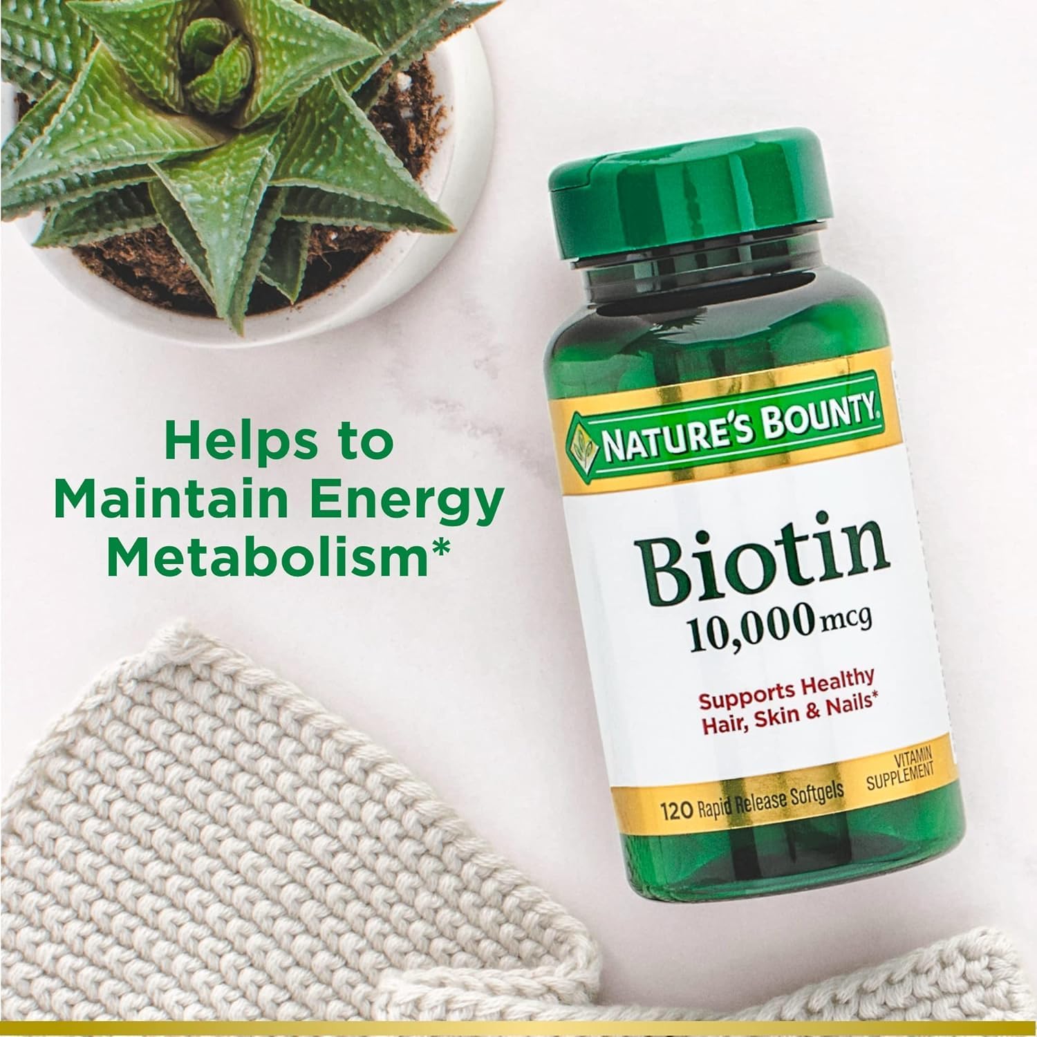 Nature's Bounty Biotin bottle beside the four-pack box for multi-bottle option.