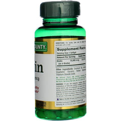 Nature's Bounty Biotin packaging highlighting high potency and daily use.