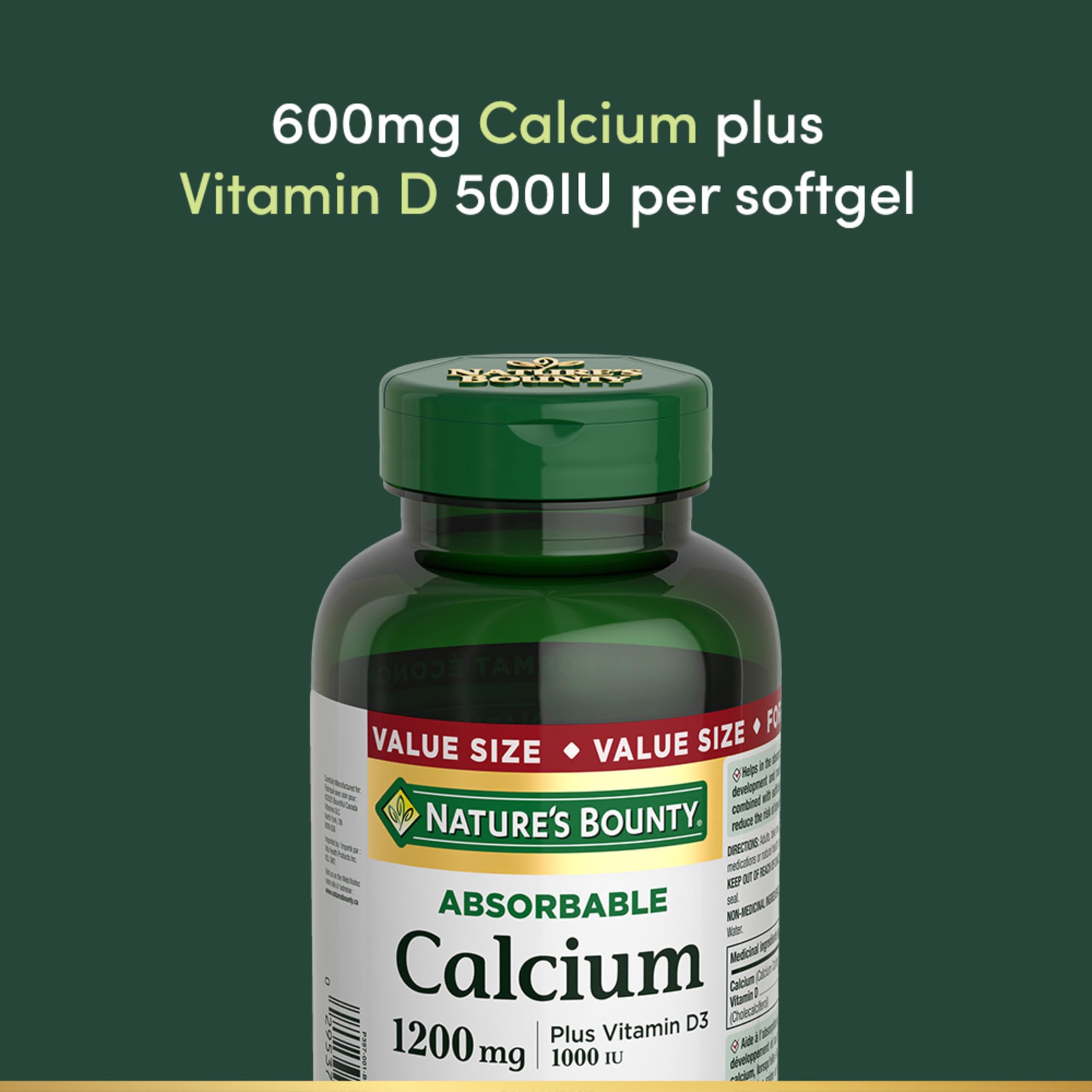 Nature's Bounty calcium-D3 softgels beside a meal illustrating daily intake
