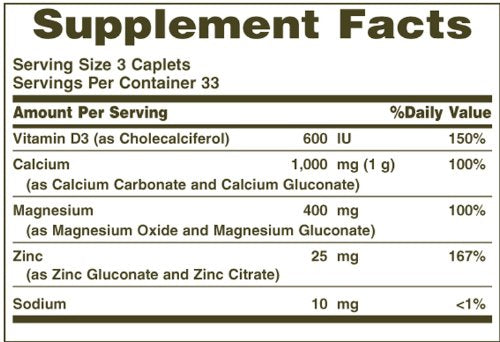 Nature's Bounty Calcium Magnesium Zinc bottle label highlights absorbable minerals