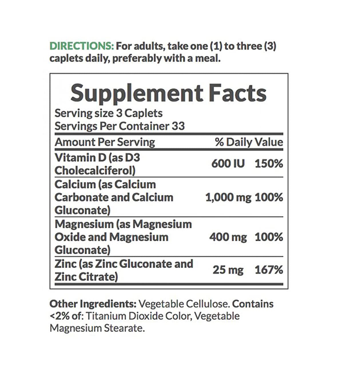 Nature's Bounty Calcium Magnesium Zinc caplets row suggests simple daily use