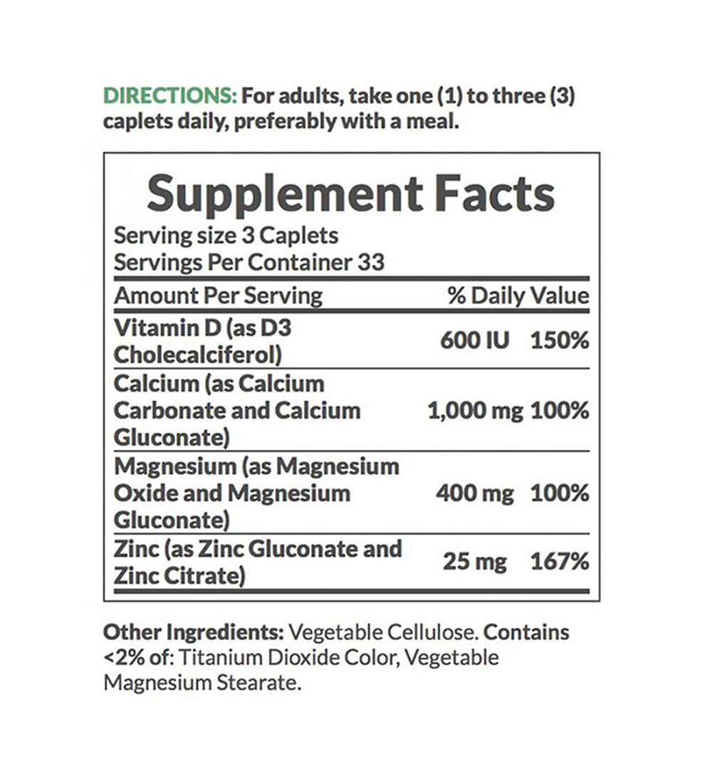 Nature's Bounty Calcium Magnesium Zinc caplets row suggests simple daily use