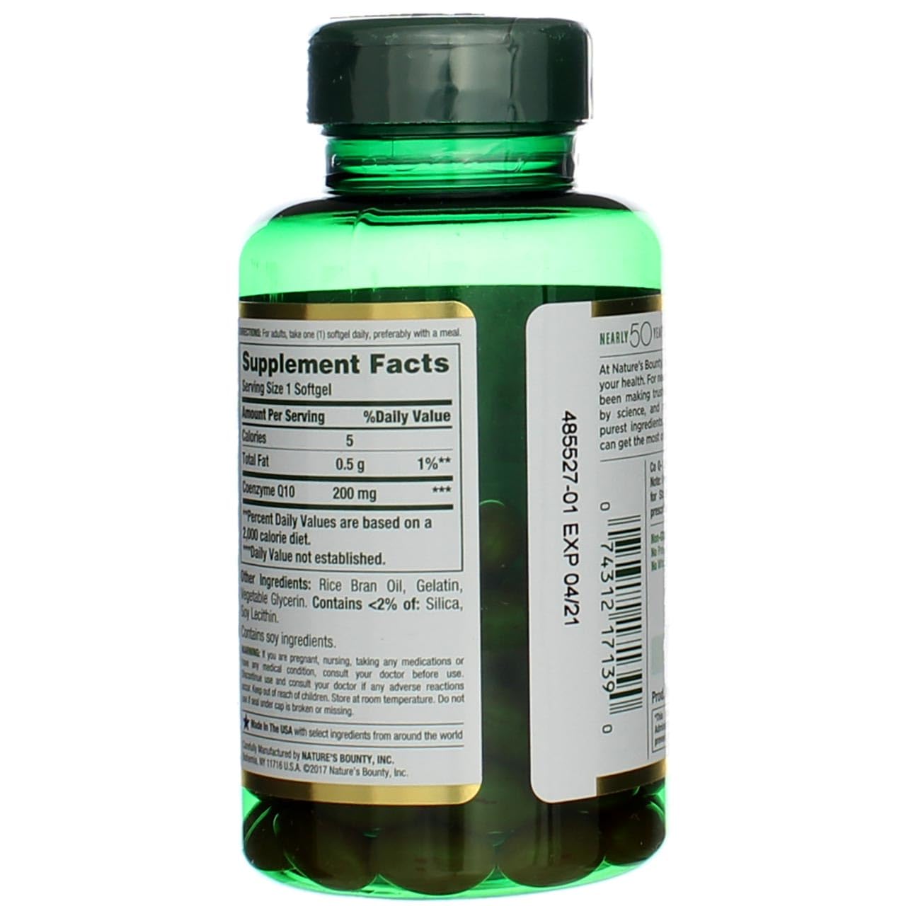 Nature's Bounty CoQ10 200 mg bottle with poured softgels; everyday wellness fit.