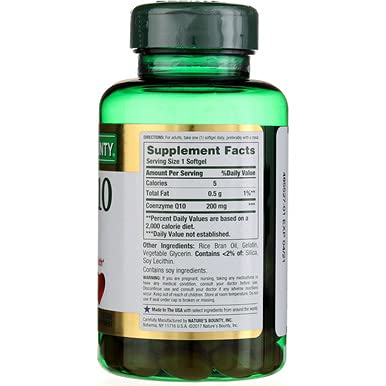 Nature's Bounty CoQ-10 200 mg bottle side view demonstrates compact daily supplement.
