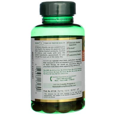Nature's Bounty CoQ10 200 mg packaging display; trusted brand for supplements.