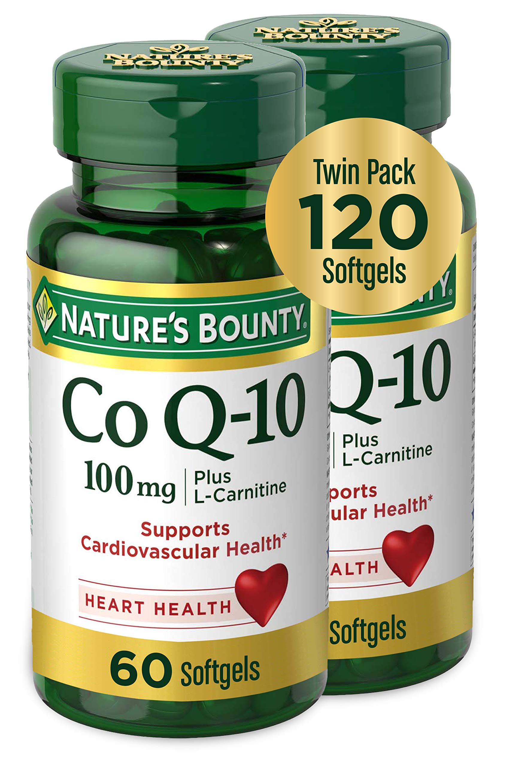 Nature's Bounty CoQ10 Plus L-Carnitine softgels bottle front, supporting heart health and antioxidant protection.