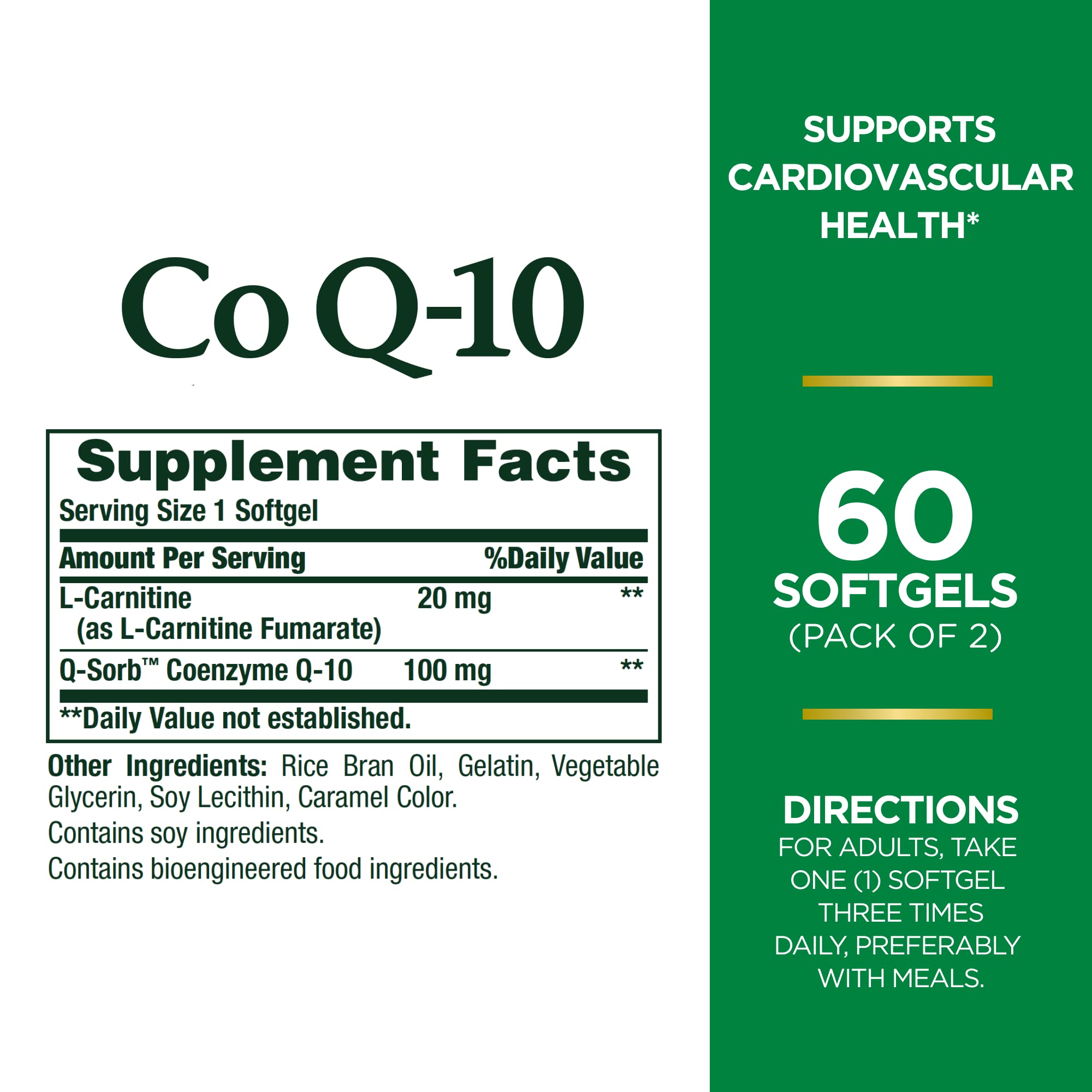 Close-up of Nature's Bounty CoQ10 Plus L-Carnitine softgels highlighting texture and daily energy support.