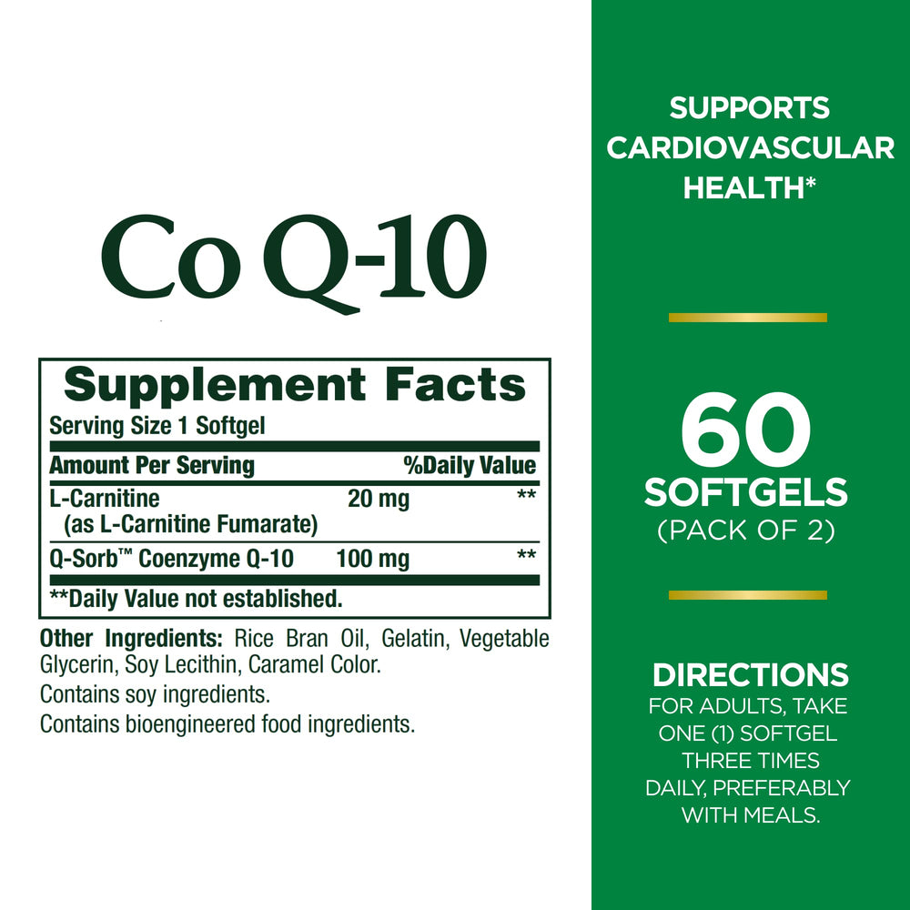 Close-up of Nature's Bounty CoQ10 Plus L-Carnitine softgels highlighting texture and daily energy support.