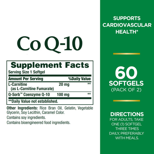 Close-up of Nature's Bounty CoQ10 Plus L-Carnitine softgels highlighting texture and daily energy support.