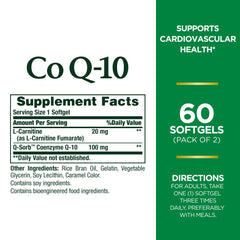 Close-up of Nature's Bounty CoQ10 Plus L-Carnitine softgels highlighting texture and daily energy support.