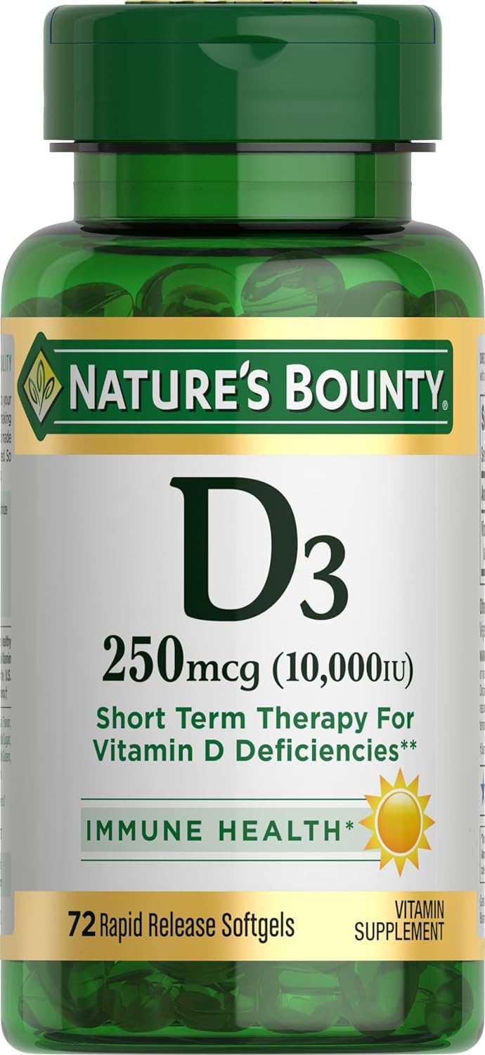 Nature's Bounty D3-10,000 IU softgels bottle for daily vitamin D intake