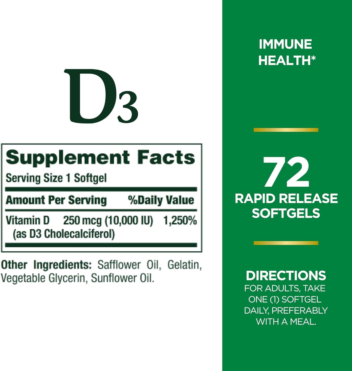 Nature's Bounty D3 softgels closeup highlights easy-to-swallow form