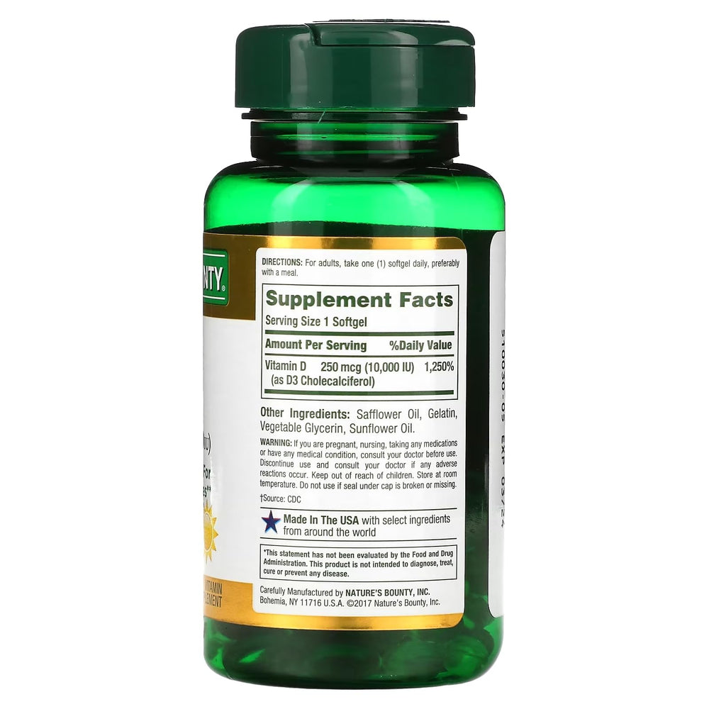 Nature's Bounty D3 bottle label shows dosage for easy planning