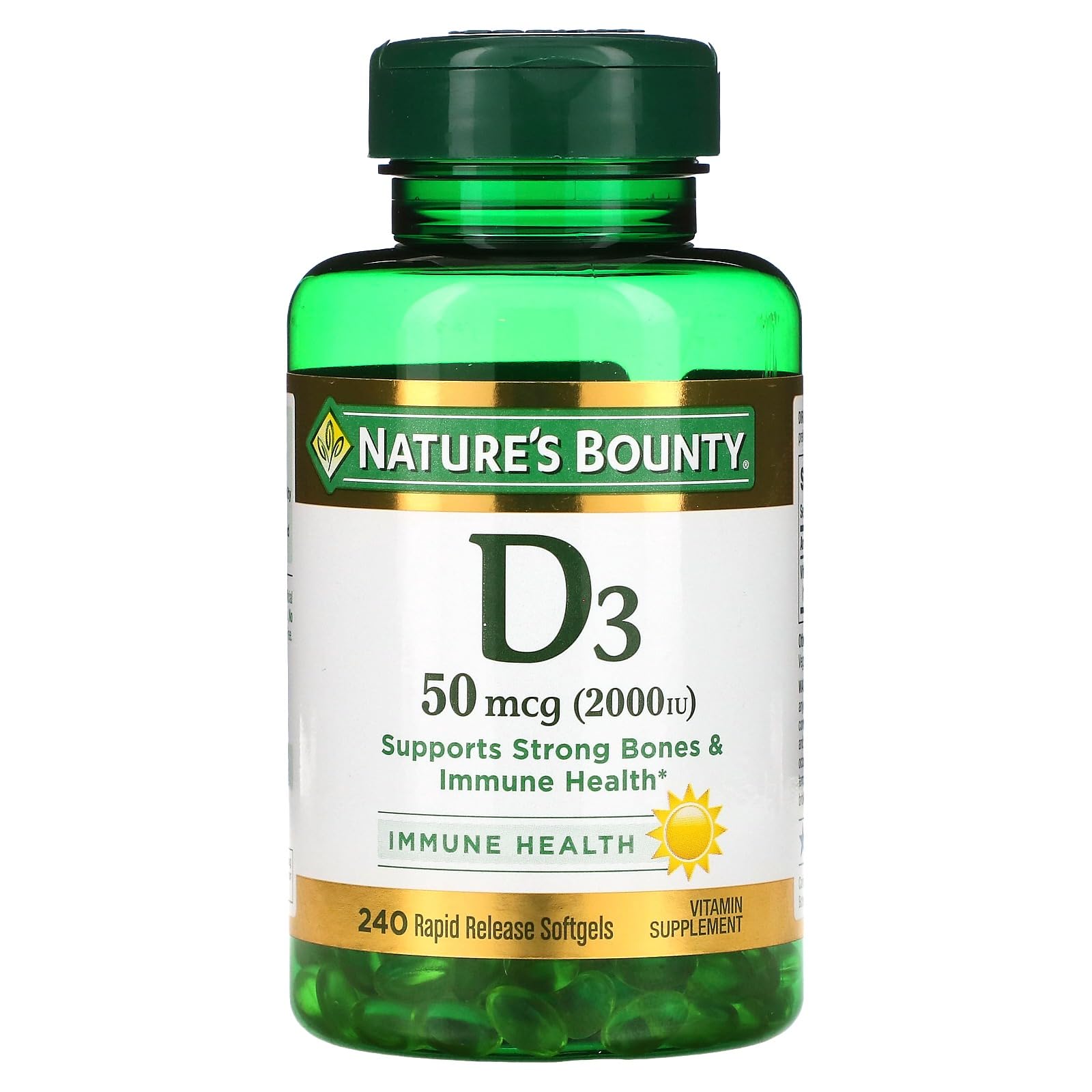 Nature's Bounty D3 2000 IU softgels bottle supports bone health and immune wellness.