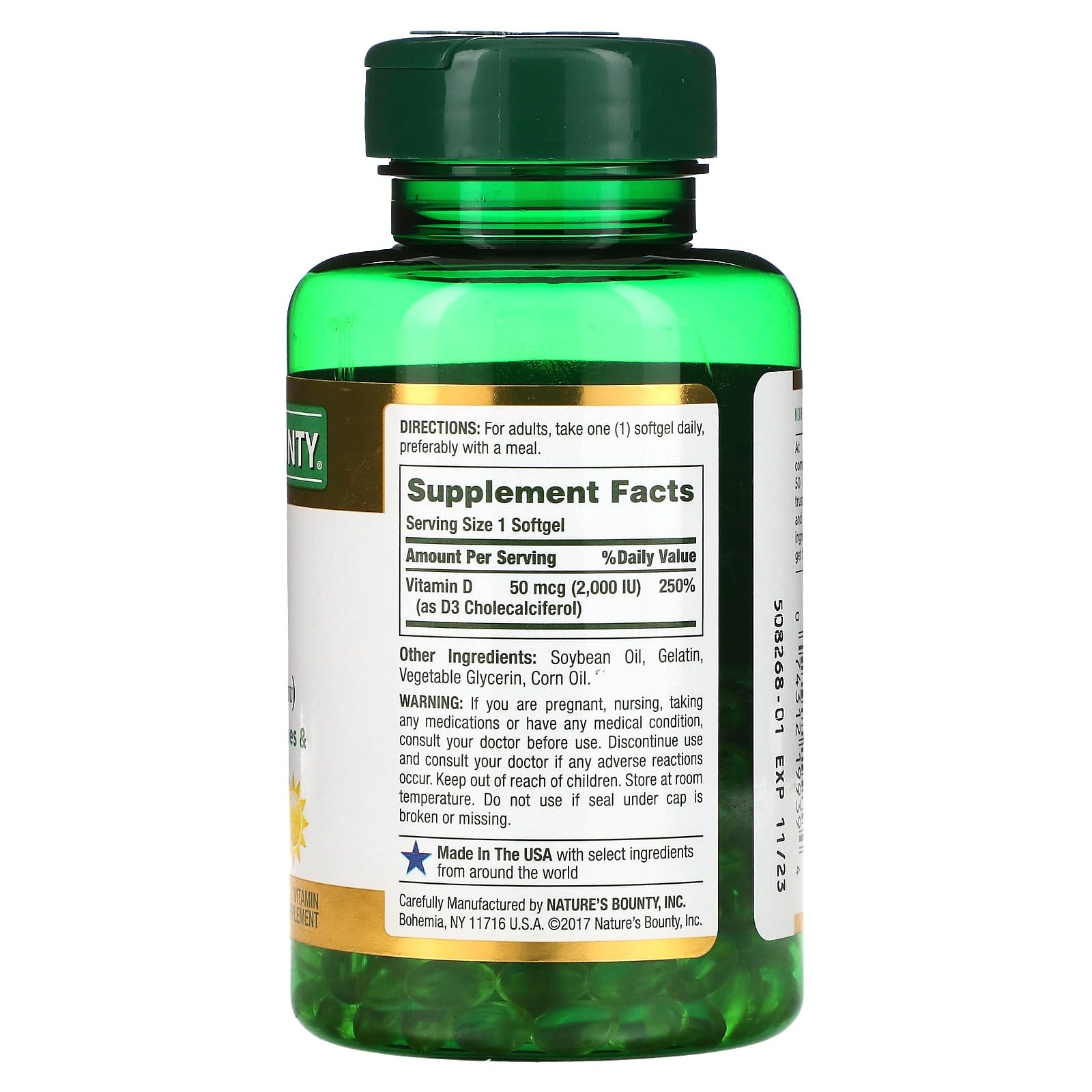 Nature's Bounty D3 2000 IU softgels pack 2 supports neuromuscular health.