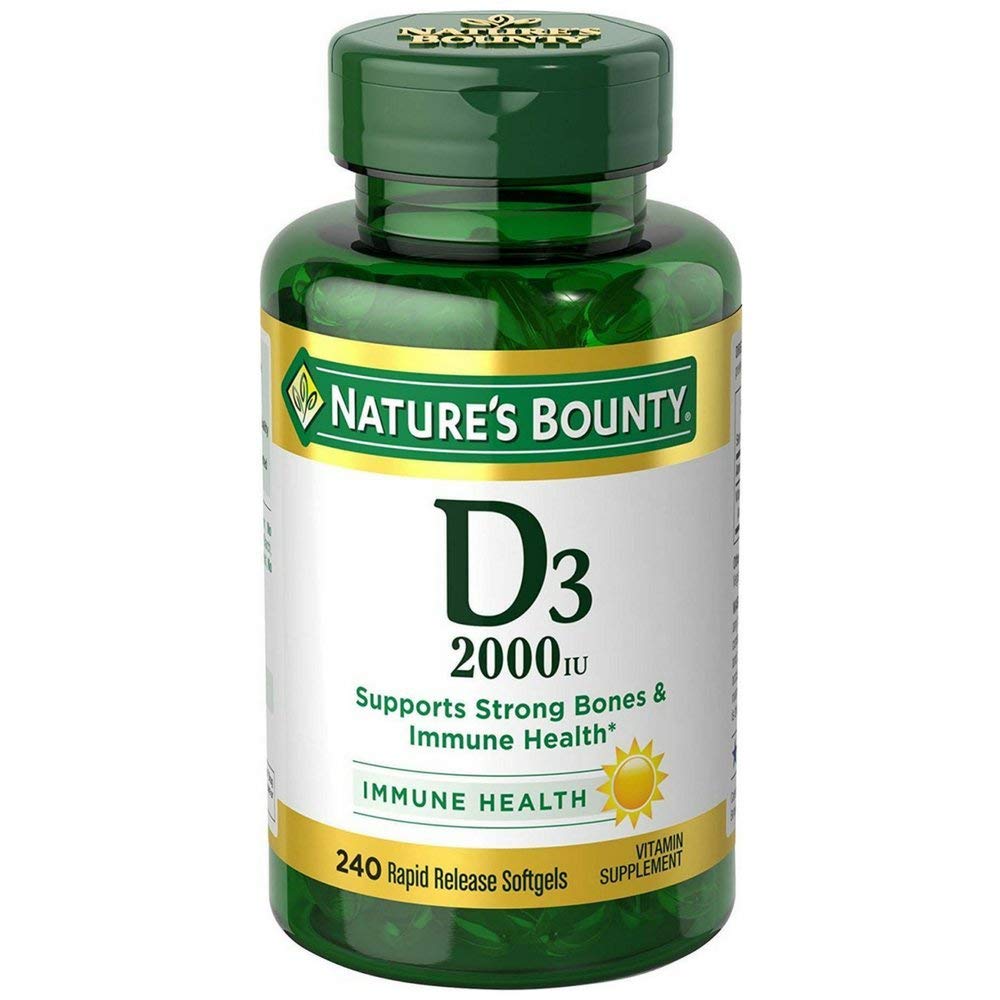 Nature's Bounty D3-2000 IU softgels bottle pour supports immune and bone health