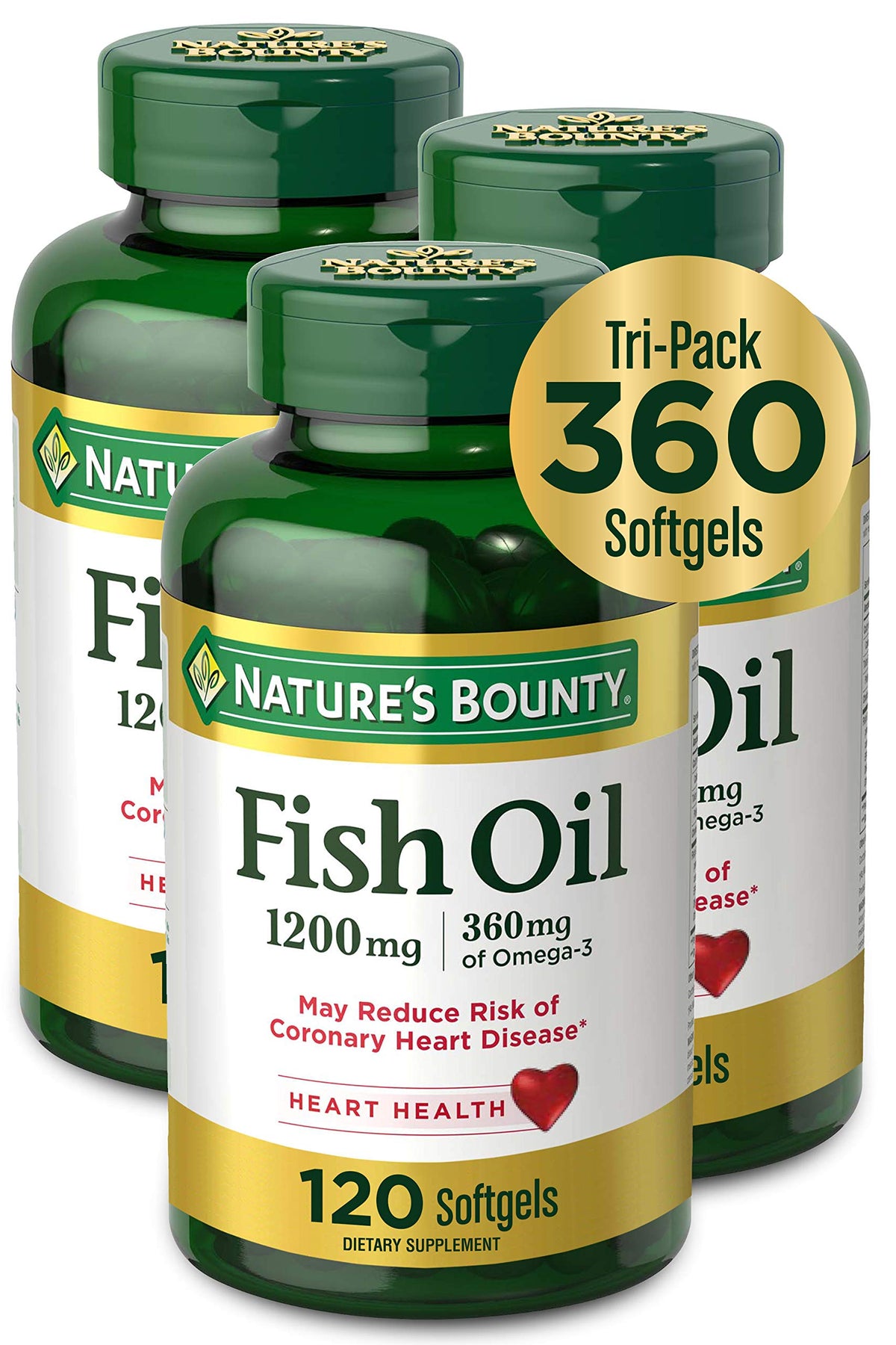 Nature's Bounty Fish Oil bottle front shows 1200 mg omega-3 formula