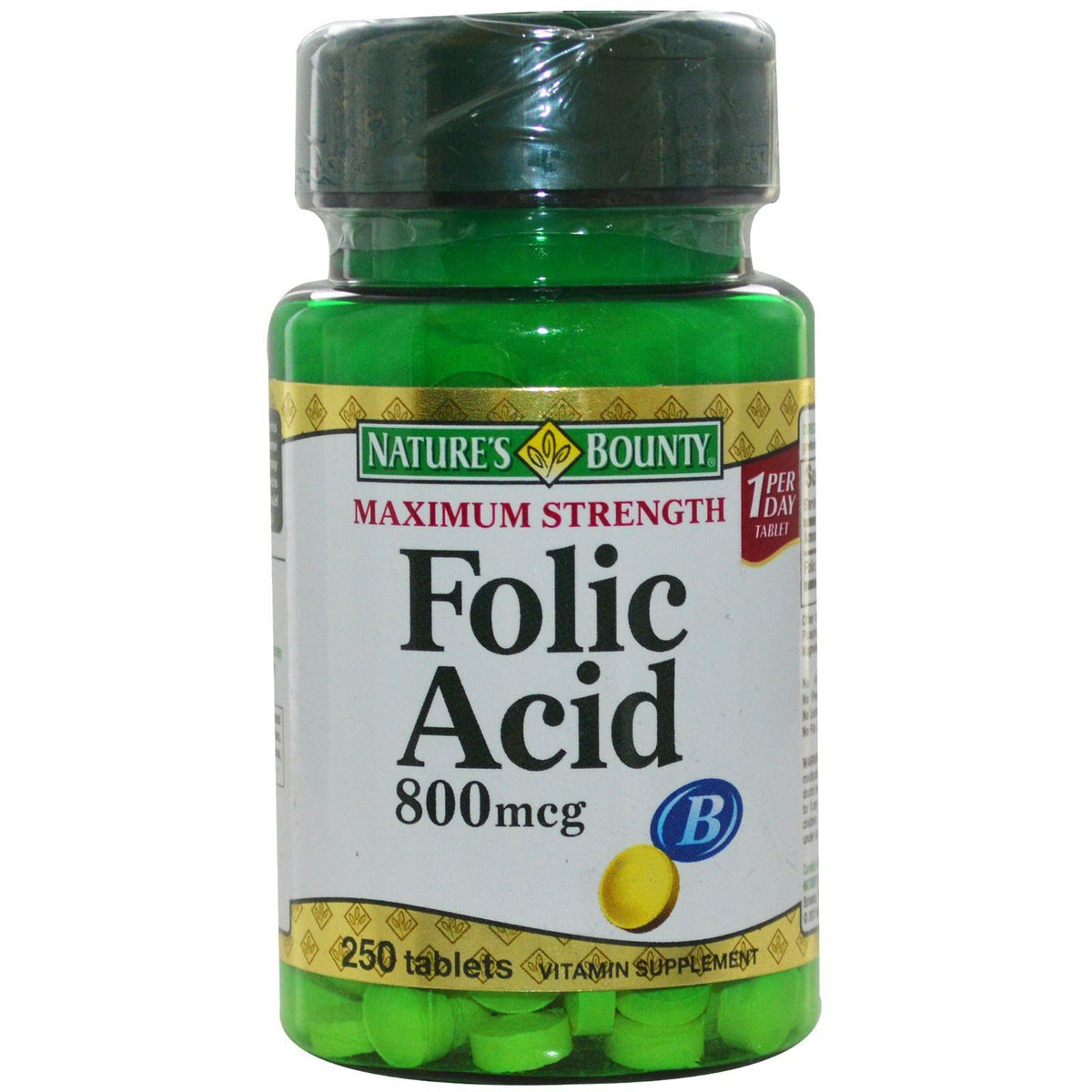 Nature's Bounty folic acid 800 mcg tablets bottle for energy metabolism and heart health support
