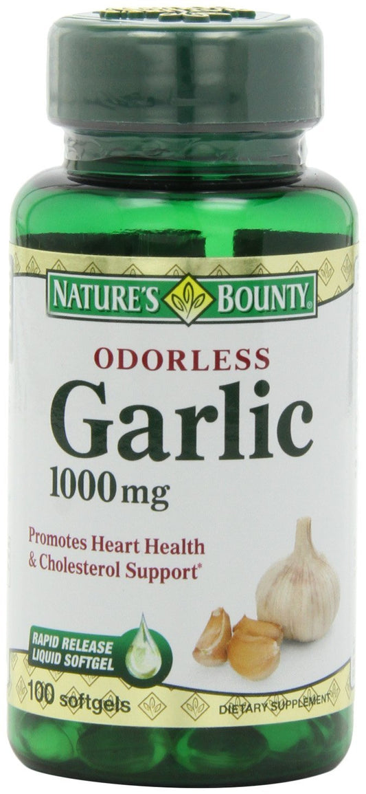Nature's Bounty garlic extract 1000 mg bottle, rapid-release softgels for daily cardiovascular support.