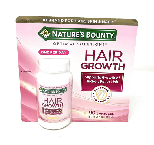 Nature's Bounty Hair Growth bottle front promotes healthier hair and a fuller look.