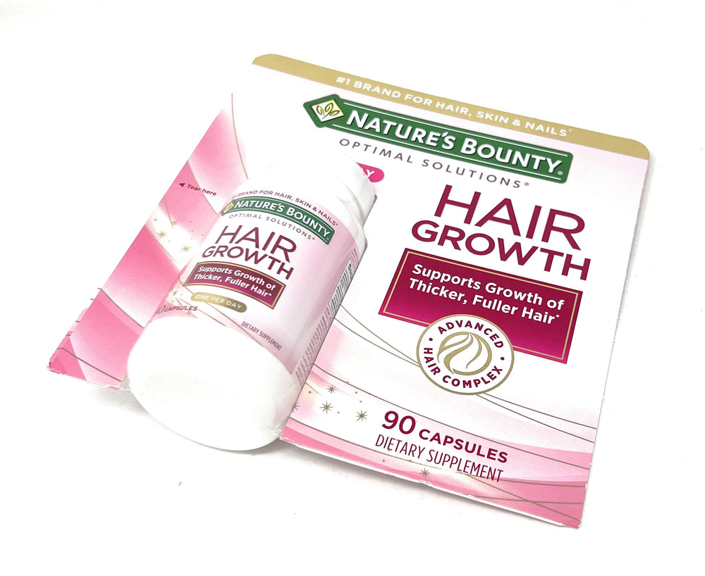 Nature's Bounty Hair Growth ingredient icons emphasize essential nutrients for hair.