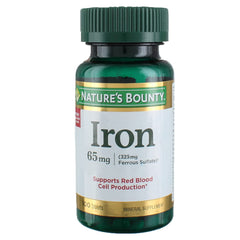 Close-up of Nature's Bounty Iron 65 mg label and dosage information