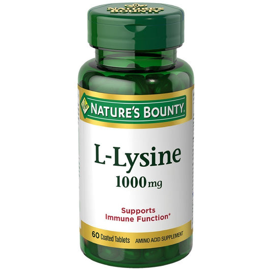 Nature's Bounty L-Lysine 1000 mg tablets bottle supports healthy tissues and immune function.