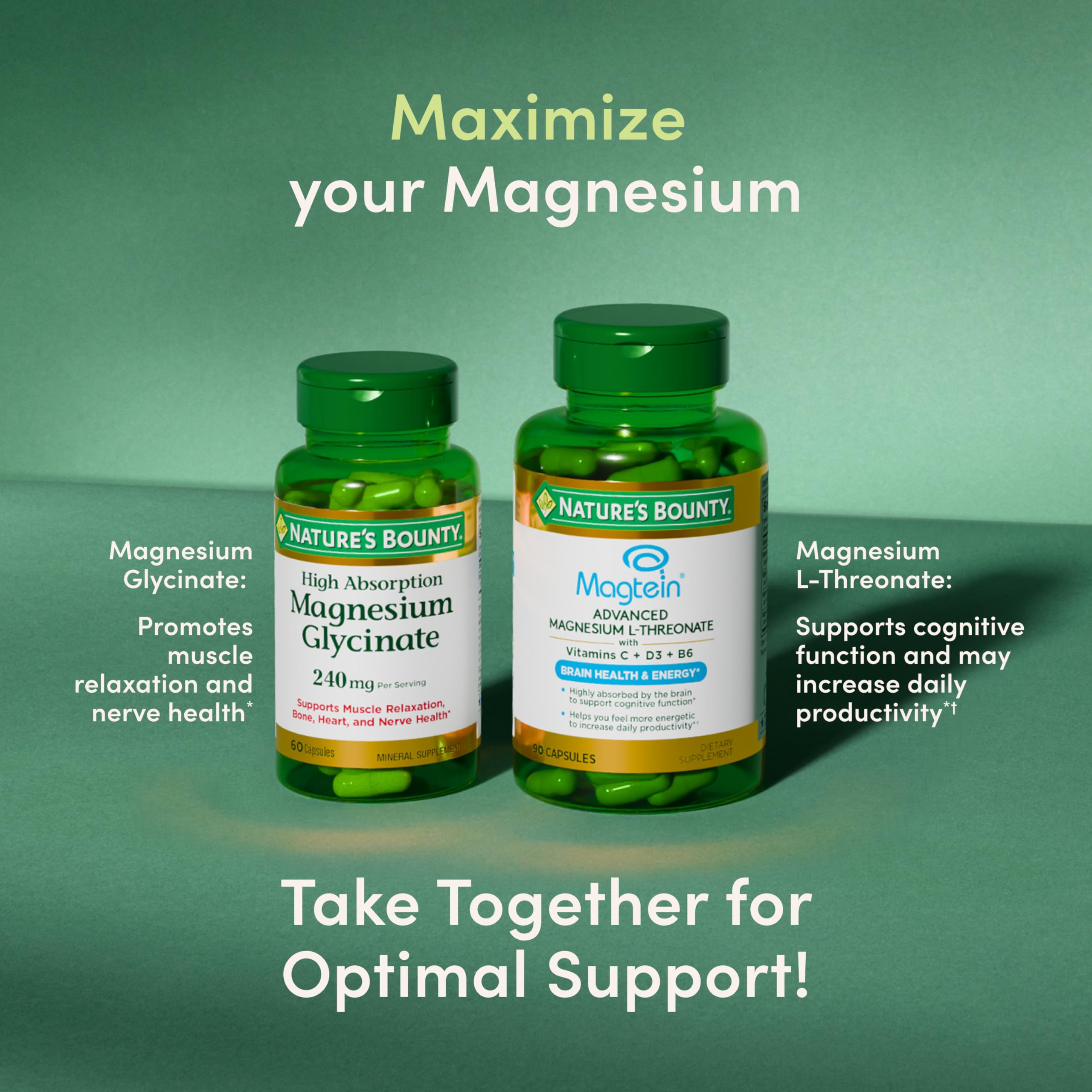 Vitamin C, D3 and B6 visualize with Nature’s Bounty Magnesium L-Threonate