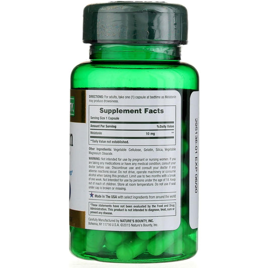 Nature's Bounty Melatonin bottle back label highlights ingredients and vegetarian suitability