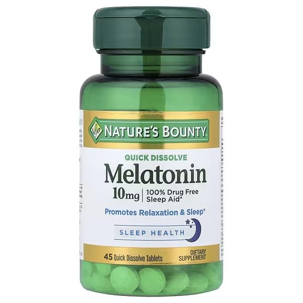Nature's Bounty Melatonin quick-dissolve tablet melts on tongue for easy bedtime routine.