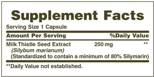 Close-up of Nature's Bounty Milk Thistle label showing 250 mg dosage for daily use.
