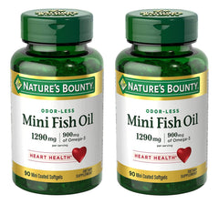Nature's Bounty Mini Fish Oil softgels bottle showing odorless, easy-to-swallow heart health support.