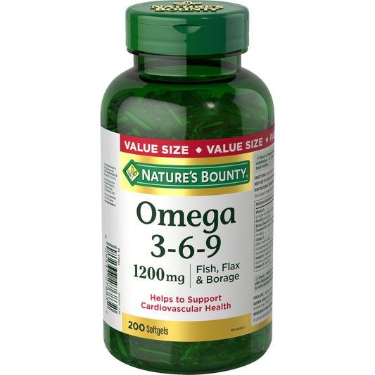 Nature's Bounty Omega-3-6-9 1200 softgel bottle for convenient heart and brain support.