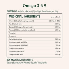 Close-up label on Nature's Bounty Omega-3-6-9 emphasizes purity and ingredients.