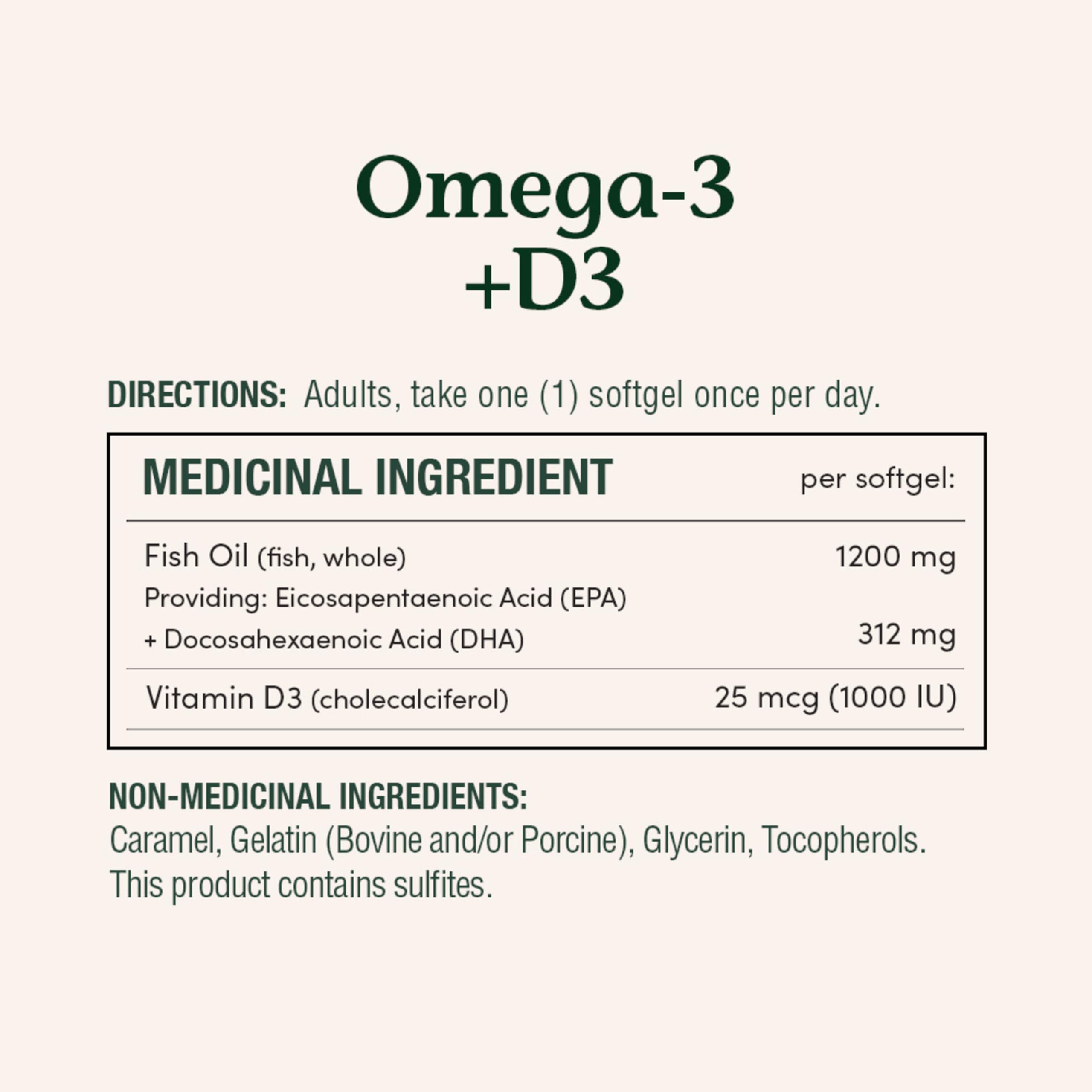 Nature's Bounty Omega-3 D3 bottle nutrition label detail.
